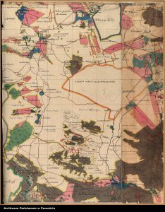 Bodaczów (folwark i wieś), Brody, Brody Nowe (folwark), Brody Stare (folwark), Chłopków, Czarnystok, Deszkowice (folwark i wieś), Dzielce, Gaj Czernięcki, Gaj Gruszczański, Gorajec (folwark i wieś), Gruszka Zaporska (folwark i wieś), Kawenczyn, Kawenczynek, Klemensów (pałac), Kulików (folwark i wieś), Latyczyn (folwark i wieś), Lipowiec, Marynów, Michalów (folwark i wieś), Mokrelipie (folwark i wieś), Obrocz (folwark i wieś), Panasówka (osada podleśniczego), Podborcze, Poręby (folwark), Radecznica (folwark i wieś), Rozłopy, Rudka, Sąsiadka, Szczebrzeszyn, Topólcza, Turzyniec, Tworyczów (folwark i wieś), Tworyczów Nowy (folwark), Ujście, Wólka Czarnostocka, Wywłoczka, Zaburze, Zakłodzie, Zaporze, Zwierzyniec (folwark i wieś), Źrebce, Żurawnica