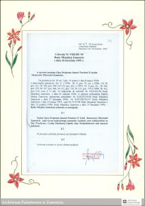 Uchwała Rady Miejskiej w Zamościu nadająca Papieżowi Janowi Pawłowi II Tytułu Honorowy Obywatel Zamościa - 88/334 Urząd Miejski w Zamościu, [1948] 1960-2002, spis nr 1/2006, poz. 8, s. 214