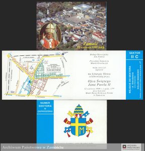 Zaproszenie na Liturgię Słowa w Zamościu z wejściówką do sektora - 88/1170 Akta osób i rodzin 12.2 Zbiór Janusza Panasiewicza, sygn. 208, s. 3-6